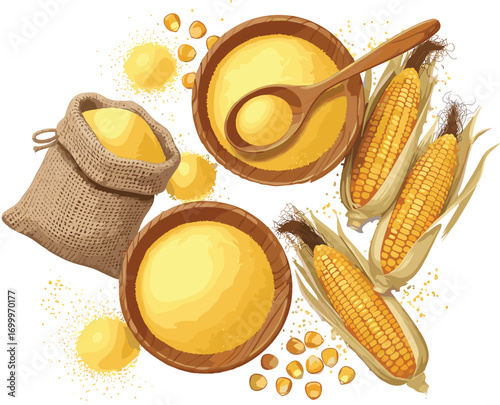 Fresh Cornmeal in Wooden Bowls with Cooking Ingredients