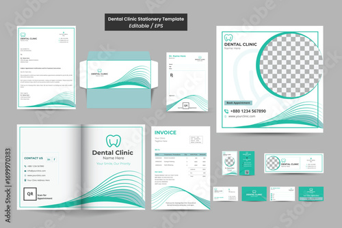 Fully editable and complete corporate dental clinic branding identity template. Modern dentistry and medical center brand identity mockup template of stationery items.