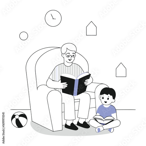 Warm moment of a grandfather reading a book to his attentive grandchild.