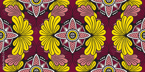 African ethnic, traditional red pattern design. seamless beautiful Kitenge, chitenge, Ankara style. fashion design. African floral motif. Yellow Floral Ankara prints, African wax prints flower.