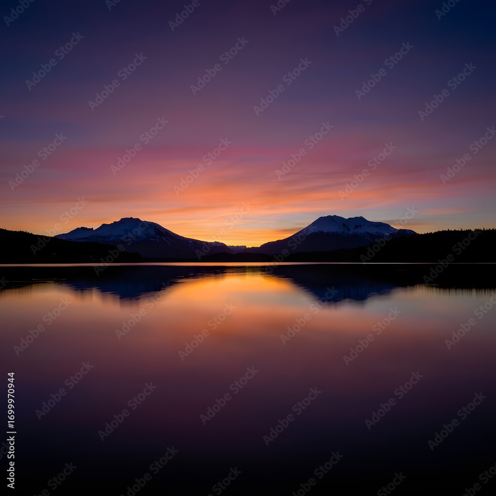 Fototapeta premium Sunset and sunrise over peaceful lake with mountains