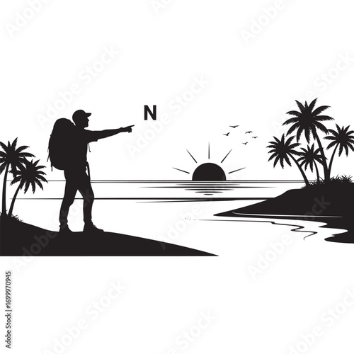 Vector art of a silhouette of a backpacker pointing north at sunrise by the ocean with palm trees, representing travel, adventure, and exploration in a tropical paradise