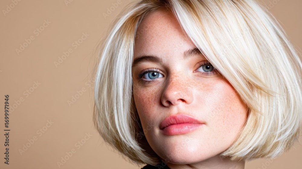 Fototapeta premium A captivating close-up portrait of a stunning blonde woman with subtle freckles, presenting a confident expression against a smooth, neutral background that enhances her features.