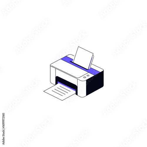 A minimalist isometric drawing of a black and white inkjet printer with a purple accent, actively printing a document.