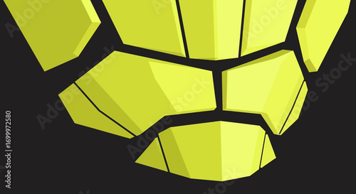 Futuristic shattered armor chest plate in vibrant yellow, a powerful abstract concept on a dark background