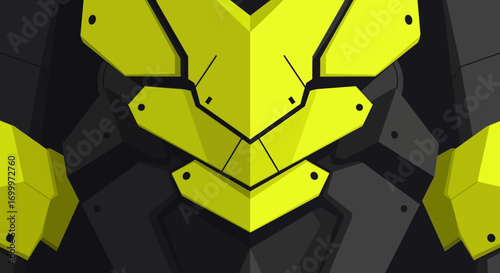 Futuristic armored warrior close-up with geometric yellow plates on a dark metallic body, an abstract technology background