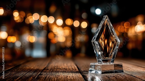 Elegant Glass Trophy on Wooden Table with Blurred Background Lights