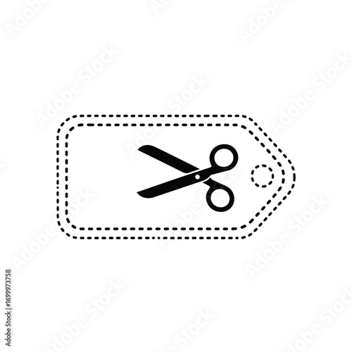 Iconic graphic featuring a coupon tag with a dotted cut line and scissors, symbolizing exclusive discounts, promotional offers, and easy savings for shoppers