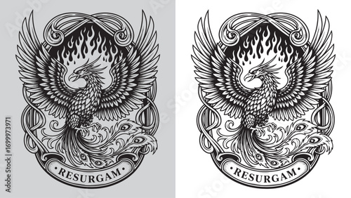 Resurgam Phoenix with Art Nouveau Frame and Flames