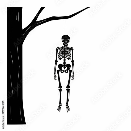 Skeleton hanging from tree in spooky Halloween-themed illustration  
