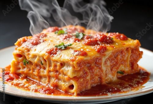 Steaming Lasagna Slice Stack on Dark Background