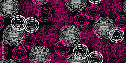 African fabric pattern, African design in Magenta,  white flower circle, bohemian seamless fabric style, Chitenge fabric made from Dutch wax, flower motif, Ankara, beautiful black background.