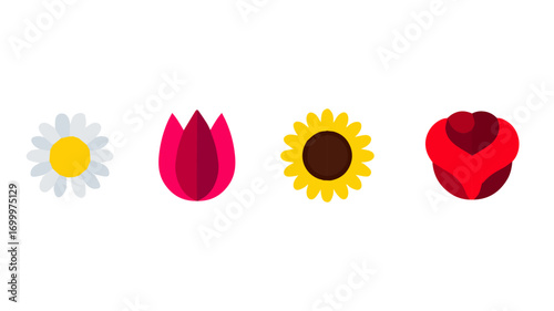 Spring Flowers Vector Set, Colorful Flat Design Collection of Blooming Floral Elements Isolated on White.