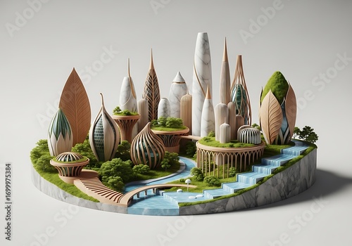 Imaginary futuristic eco city design with biophilic architecture model
