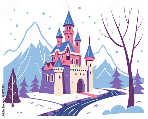 Medieval castle covered in snow,  magical winter vector illustration
