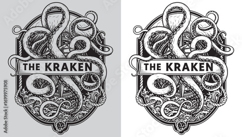 The Kraken Octopus Emblem with Ship and Waves