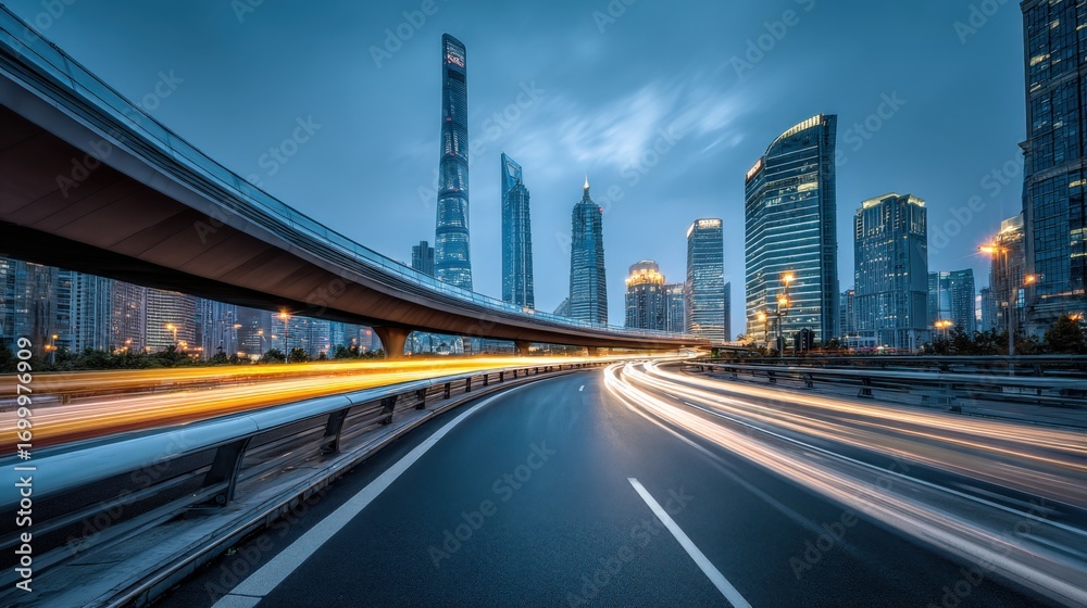 Fototapeta premium Shanghai Cityscape at Night: Modern Architecture and Fast-Moving Car Lights on Elevated Highway