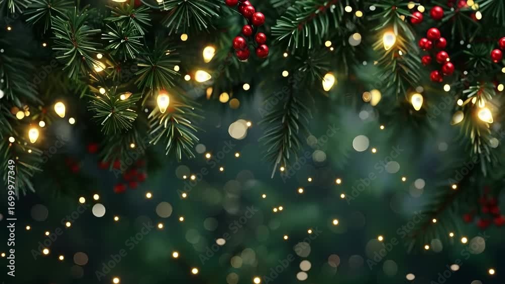 Decoration shiny light of garland with Christmas tree branch on holiday with copy space. Abstract winter festive lightbulb on celebration, Christmas on green background