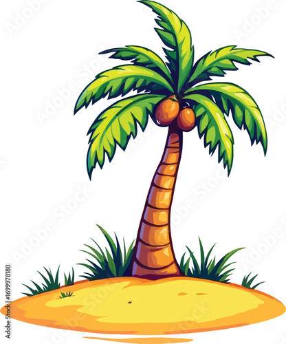 Cartoon-style tropical island with coconut palm tree and coconuts on white background, playful nature-themed vector illustration