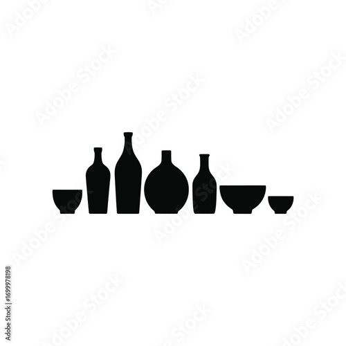 Collection of black silhouette ceramic bottles and bowls