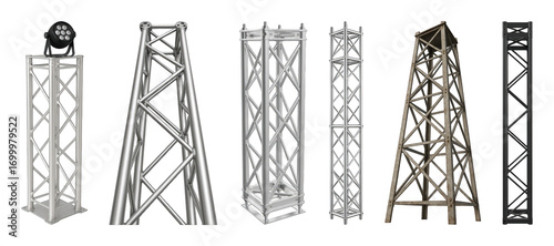 Metal truss structure set including silver, black, and weathered designs isolated. Stage, event, and construction elements.