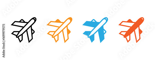 Four basic line art airplane icons in black, orange, blue, and red, suitable for websites, apps, presentations, or any design project needing simple, easily recognizable airplane imagery.