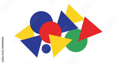 Colorful geometric shapes of circles and triangles in red, blue, green, and yellow.