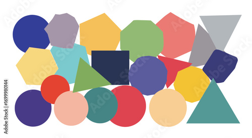 Colorful geometric shapes scattered on white background.
