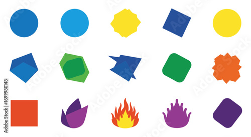 Vibrant set of assorted flat vector icons and design elements, featuring geometric and abstract shapes in a colorful palette.