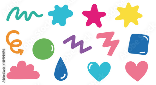 A vibrant collection of diverse, hand-drawn, colorful abstract shapes and doodles on a white background, including stars, hearts, squiggles, and geometric forms.