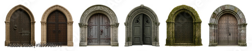 Ornate gothic archway door set including various wooden and stone designs isolated. Historical architecture and fantasy design elements.