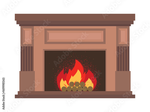 Colorful fireplace with a glowing fire in it. Flat Vector illustration isolated on white background
