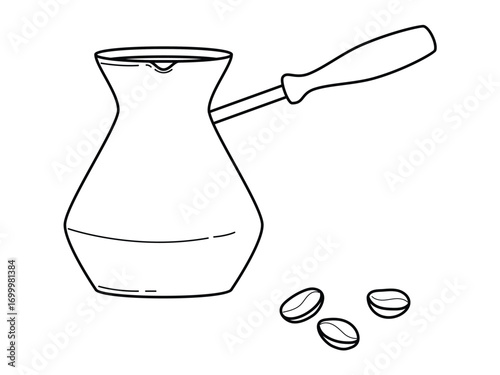 Coffee pot with handle and coffee beans. Doodle Vector illustration isolated on white background