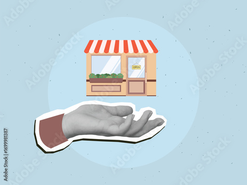Black and white hand holds a small building - local cafe or shop. Modern collage style. Vector illustration