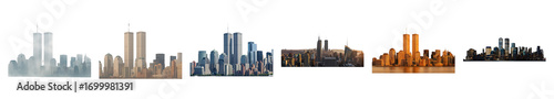 New York City skyline set including Twin Towers, day, sunset, and night versions isolated. Urban architecture collection.