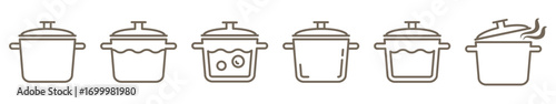 Set of pot and saucepan linear icons isolated on transparent background. Hot pan with steam, boiling water, soup and cooking outline symbols. Simple kitchen cookware and food preparation icon set.