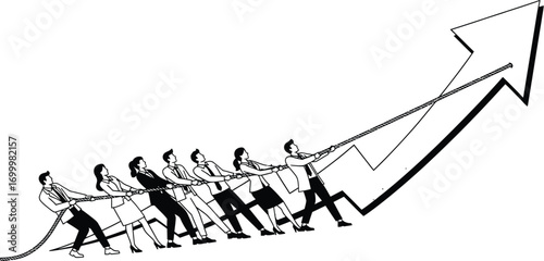 A group of business people pulling a rope attached to an upward pointing arrow diagram in black and white