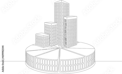 A line drawing of a city skyline on a circular base with segmented sections in black and white style