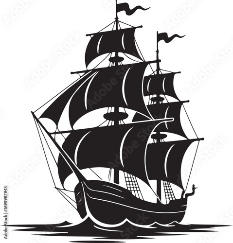 Silhouette Vector of Sailing Ship on White Background