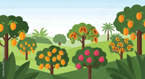 A vibrant illustration showcasing a lush orchard filled with various fruit-bearing trees under a clear sky.
