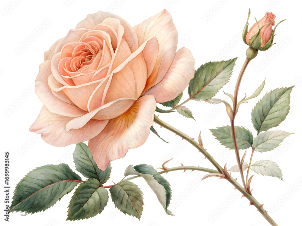 Fototapeta premium Soft Peach Rose in Full Bloom Detailed Velvety Petals and Bud Watercolor Botanical Illustration isolated on a transparent background