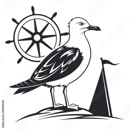 Nautical Seagull and Ships Wheel Emblem.