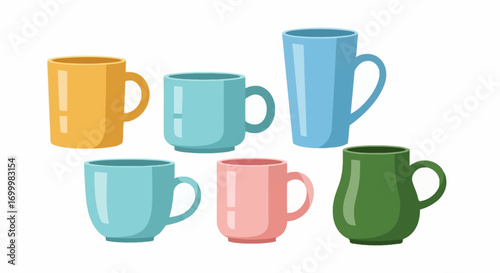 Colorful Ceramic Mugs Collection on White Background for Kitchenware Design and Beverage Related Projects, showcasing variety of shapes and colors