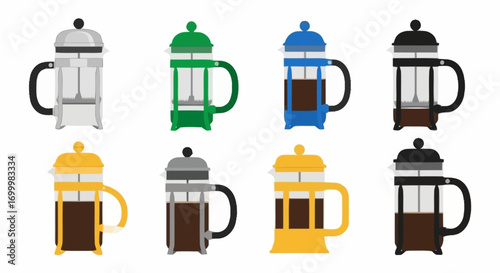 Colorful French Press Coffee Makers in a Flat Vector Style for Coffee Brewing and Beverage Preparation Illustrations