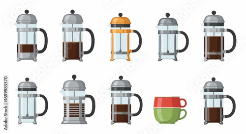 Collection of French Press Coffee Makers and Cups in Vector Style, Ideal for Cafe Menus, Coffee Brewing Guides, or Coffee Equipment Marketing Materials