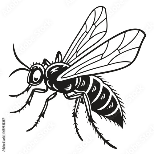 Stylized Black and White Flying Bee or Wasp Illustration.