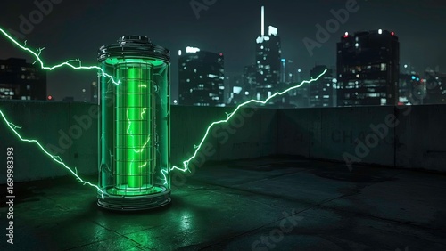 dark green energy cell, battery with electric sparks and lightning in front of modern city view, creating dynamic and energetic atmosphere