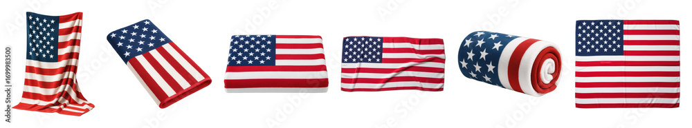 Fototapeta premium US flag textile set including draped, folded, rolled, and flat views isolated. Patriotic decor and celebration items.