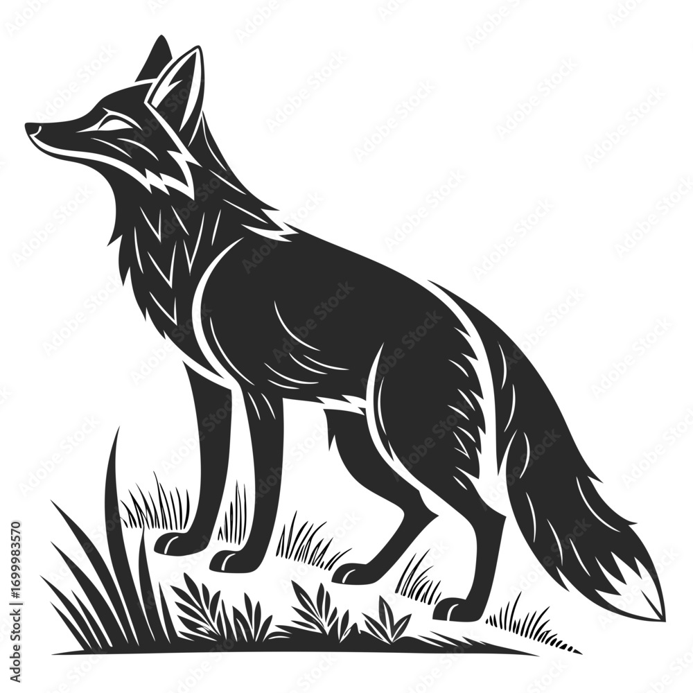 Obraz premium Stylized Black Fox Standing in Grass Vector Illustration.