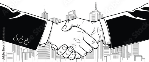 A monochrome illustration of a handshake in front of a city skyline depicting business and partnership
